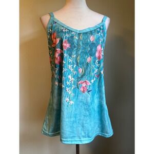 Tropical Floral Hummingbird Tank Top Turquoise Pink boho whimsi fairy cottage XL
